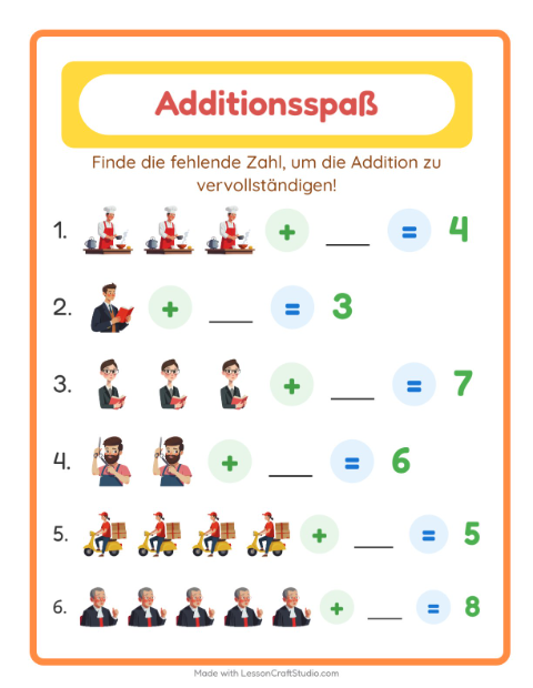 Vorschau: Addition-Arbeitsblatt mit Berufe für Kindergarten