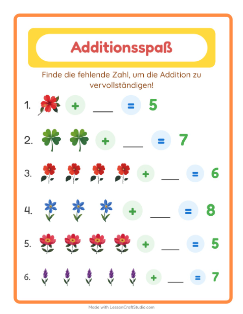 Vorschau: Addition-Arbeitsblatt mit Blumen für Kindergarten