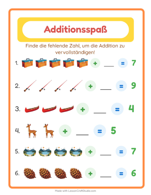 Vorschau: Addition-Arbeitsblatt mit Camping für Kindergarten