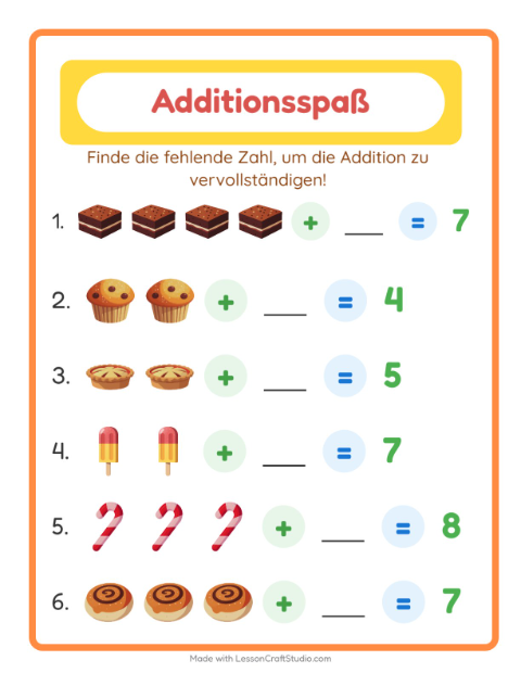 Vorschau: Addition-Arbeitsblatt mit Desserts und Süßigkeiten für Kindergarten