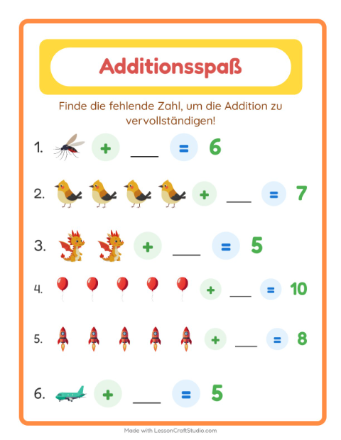 Vorschau: Addition-Arbeitsblatt mit Dinge die fliegen für Kindergarten