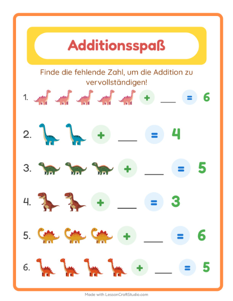 Vorschau: Addition-Arbeitsblatt mit Dinosaurier für Kindergarten