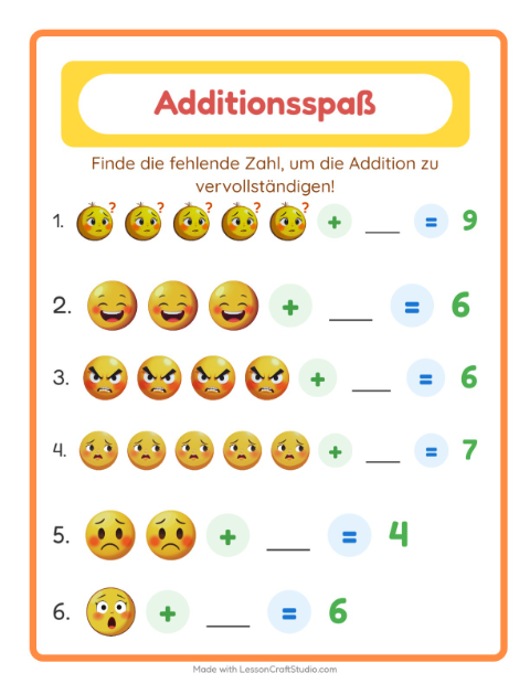 Vorschau: Addition-Arbeitsblatt mit Emotionen für Kindergarten