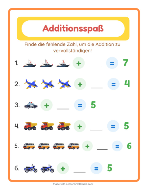 Vorschau: Addition-Arbeitsblatt mit Fahrzeuge für Kindergarten