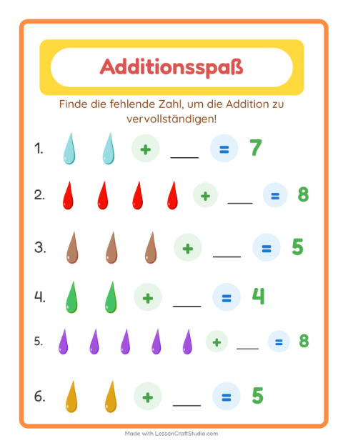 Vorschau: Addition-Arbeitsblatt mit Farben für Kindergarten