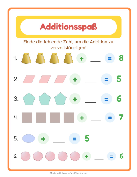 Vorschau: Addition-Arbeitsblatt mit Formen für Kindergarten