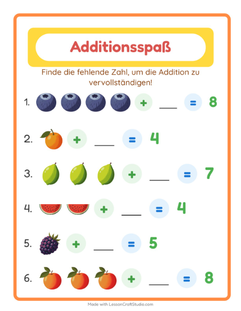 Vorschau: Addition-Arbeitsblatt mit Früchte für Kindergarten