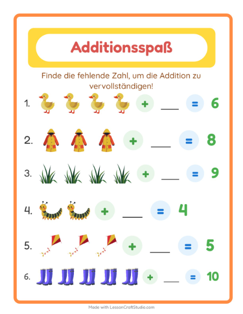 Vorschau: Addition-Arbeitsblatt mit Frühling für Kindergarten