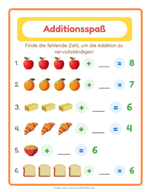 Vorschau: Addition-Arbeitsblatt mit Frühstück für Kindergarten