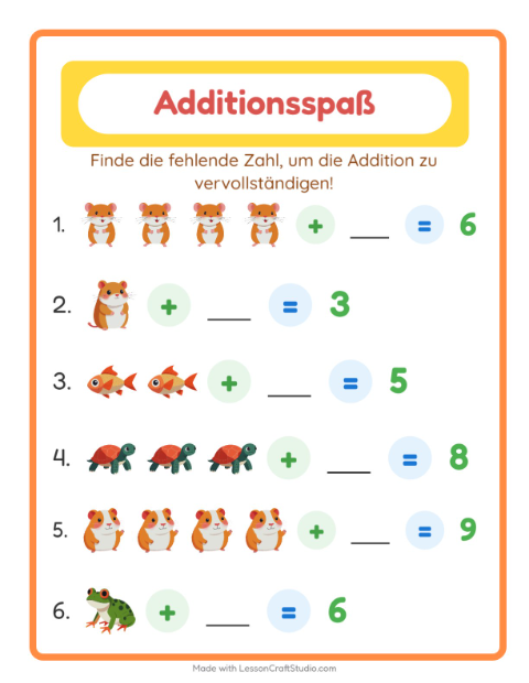 Vorschau: Addition-Arbeitsblatt mit Haustiere für Kindergarten