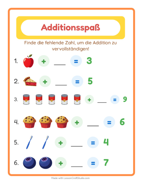 Vorschau: Addition-Arbeitsblatt mit Im Supermarkt für Kindergarten
