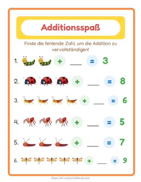 Vorschau: Addition-Arbeitsblatt mit Insekten und Käfer für Kindergarten