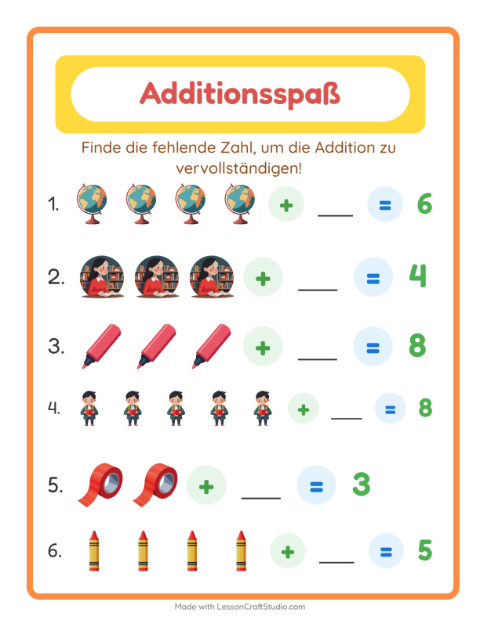 Vorschau: Addition-Arbeitsblatt mit Klassenzimmer für Kindergarten