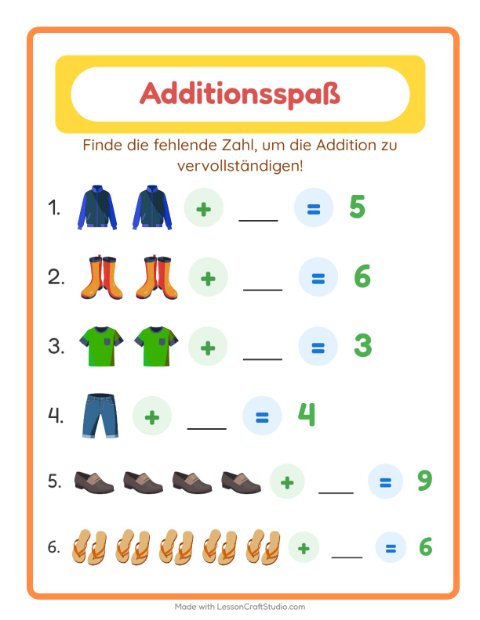 Vorschau: Addition-Arbeitsblatt mit Kleidung für Kindergarten