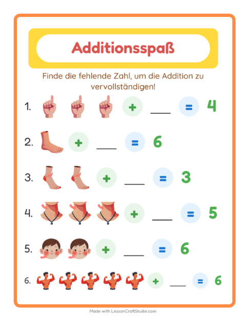 Vorschau: Addition-Arbeitsblatt mit Körperteile für Kindergarten