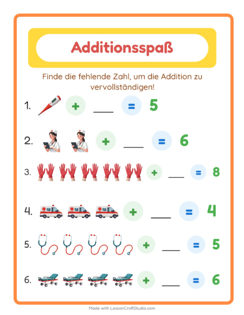 Vorschau: Addition-Arbeitsblatt mit Krankenhaus für Kindergarten
