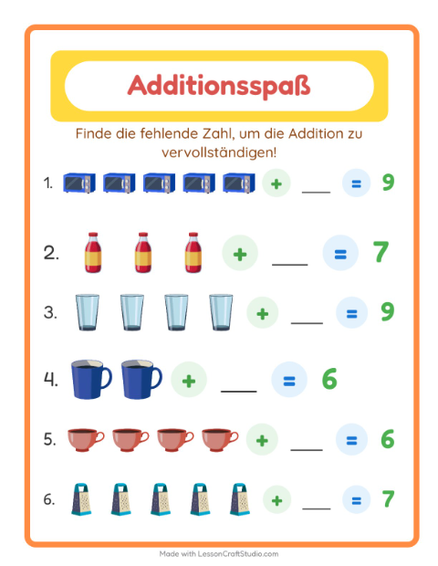 Vorschau: Addition-Arbeitsblatt mit Küchenwerkzeuge für Kindergarten