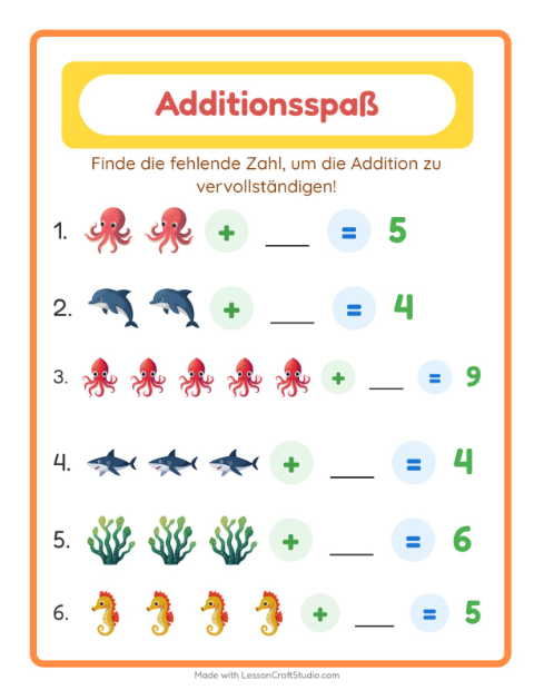 Vorschau: Addition-Arbeitsblatt mit Meeresleben für Kindergarten