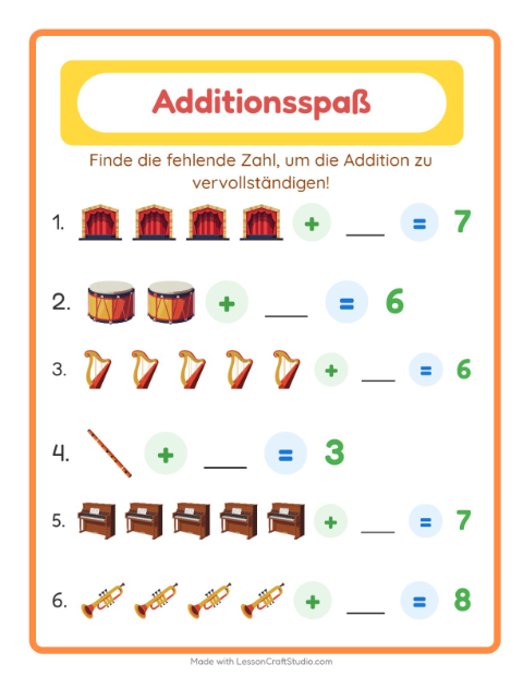 Vorschau: Addition-Arbeitsblatt mit Musik für Kindergarten