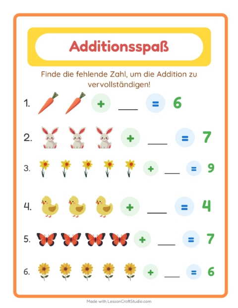 Vorschau: Addition-Arbeitsblatt mit Ostern für Kindergarten