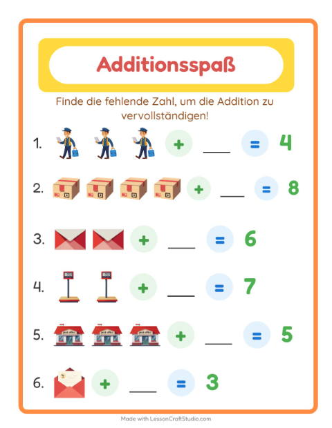 Vorschau: Addition-Arbeitsblatt mit Postamt für Kindergarten