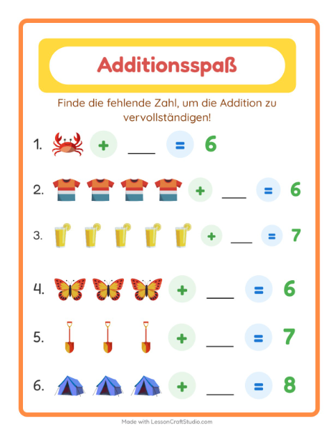 Vorschau: Addition-Arbeitsblatt mit Sommer für Kindergarten