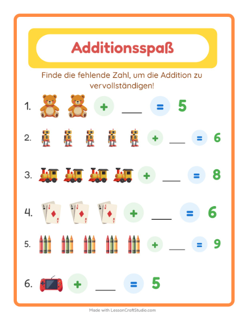 Vorschau: Addition-Arbeitsblatt mit Spielzeug für Kindergarten
