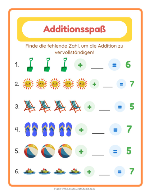 Vorschau: Addition-Arbeitsblatt mit Strand für Kindergarten