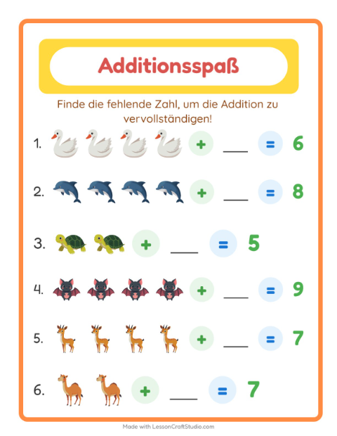 Vorschau: Addition-Arbeitsblatt mit Tiere für Kindergarten