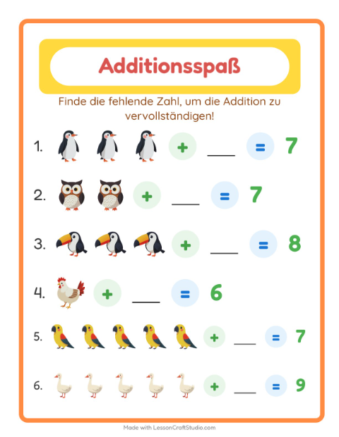Vorschau: Addition-Arbeitsblatt mit Vögel 2 für Kindergarten