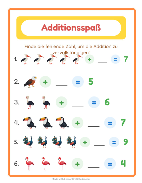 Vorschau: Addition-Arbeitsblatt mit Vögel für Kindergarten