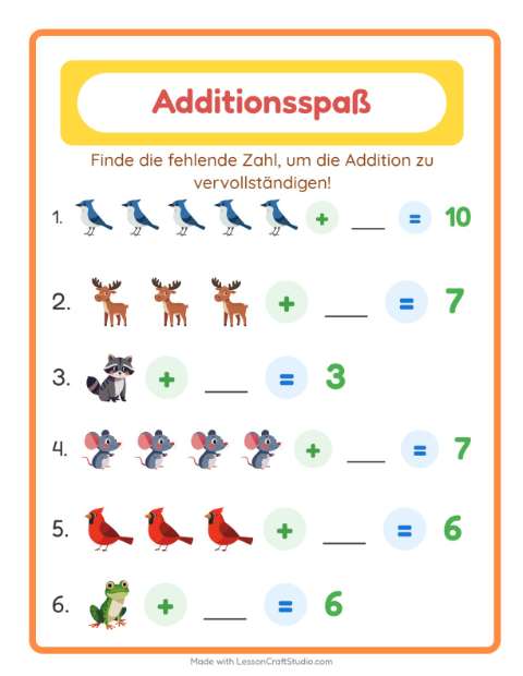Vorschau: Addition-Arbeitsblatt mit Waldtiere für Kindergarten