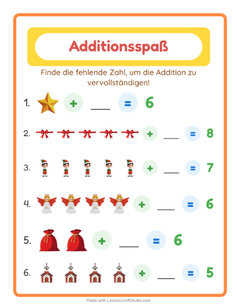 Vorschau: Addition-Arbeitsblatt mit Weihnachten für Kindergarten