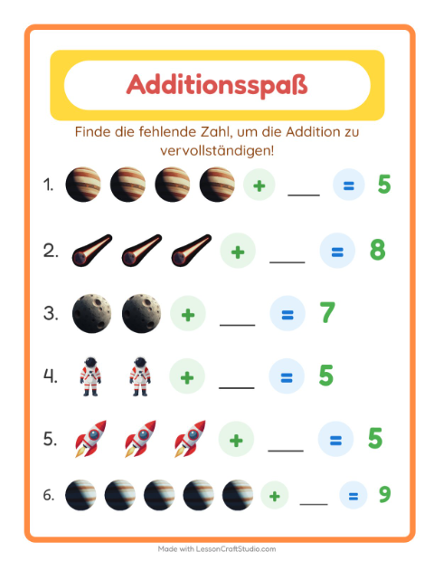 Vorschau: Addition-Arbeitsblatt mit Weltraum für Kindergarten