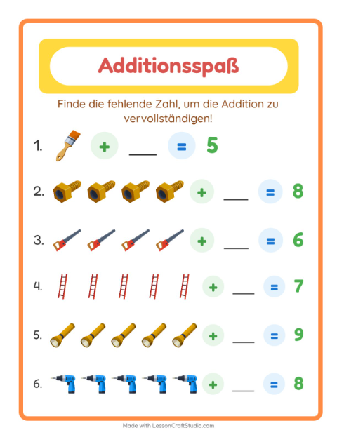 Vorschau: Addition-Arbeitsblatt mit Werkzeuge für Kindergarten