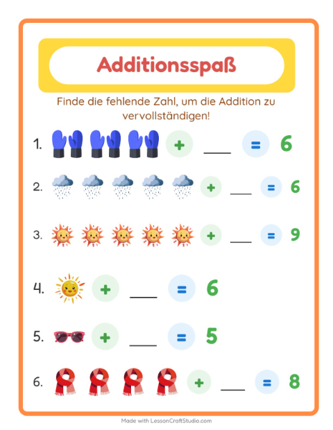 Vorschau: Addition-Arbeitsblatt mit Wetter für Kindergarten