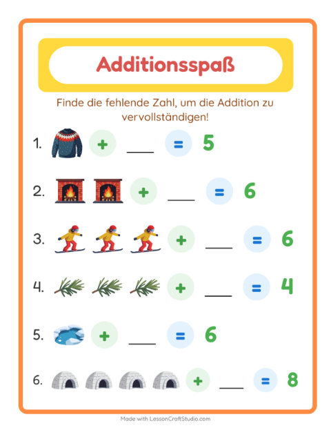 Vorschau: Addition-Arbeitsblatt mit Winter für Kindergarten