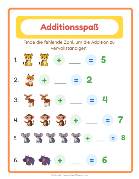 Vorschau: Addition-Arbeitsblatt mit Zootiere für Kindergarten