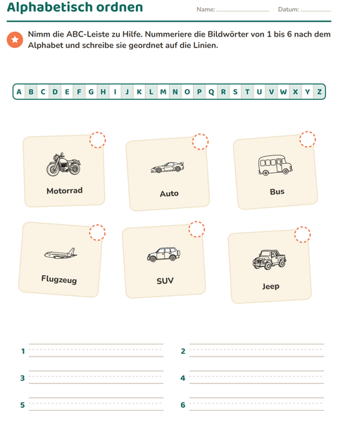 Vorschau: Alphabetisch ordnen-Arbeitsblatt mit Fahrzeuge SW für 1. Klasse