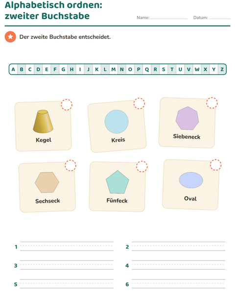 Vorschau: Alphabetisch ordnen-Arbeitsblatt mit Formen für 1. Klasse