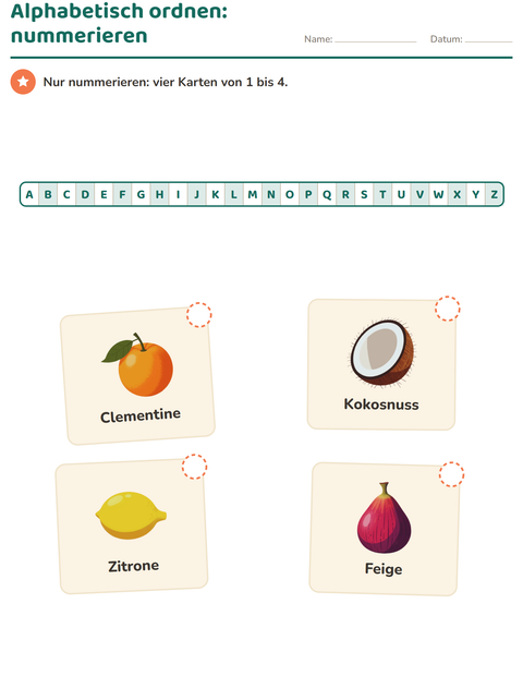 Alphabetisch ordnen: vier Fruchtkarten nur nummerieren