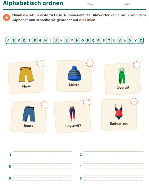 Vorschau: Alphabetisch ordnen-Arbeitsblatt mit Kleidung für 1. Klasse