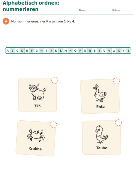 Vorschau: Alphabetisch ordnen-Arbeitsblatt mit Bauernhoftiere SW für 1. Klasse