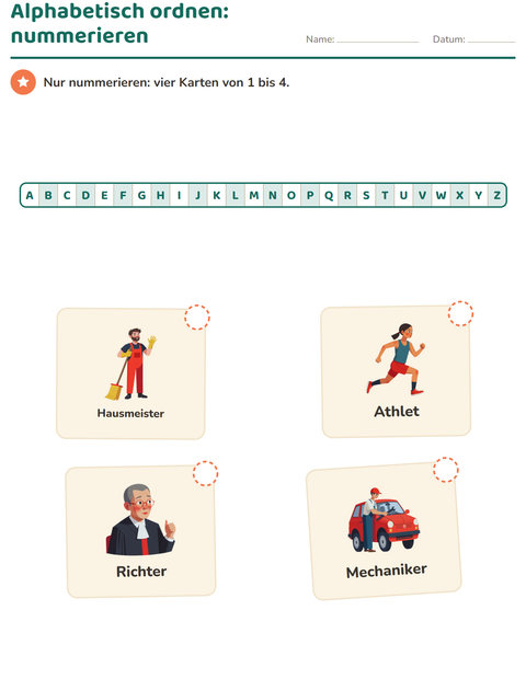 Vorschau: Alphabetisch ordnen-Arbeitsblatt mit Berufe für 1. Klasse