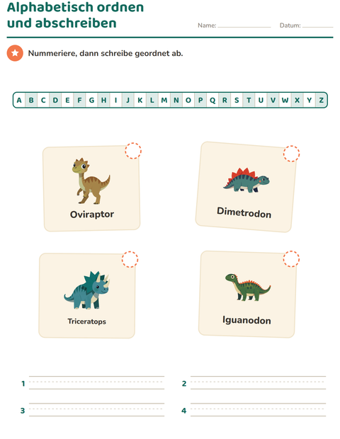 Vorschau: Alphabetisch ordnen-Arbeitsblatt mit Dinosaurier für 1. Klasse