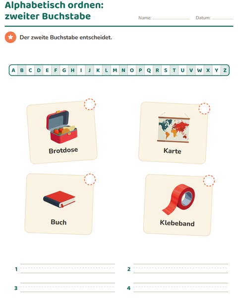 Vorschau: Alphabetisch ordnen-Arbeitsblatt mit Klassenzimmer für 1. Klasse