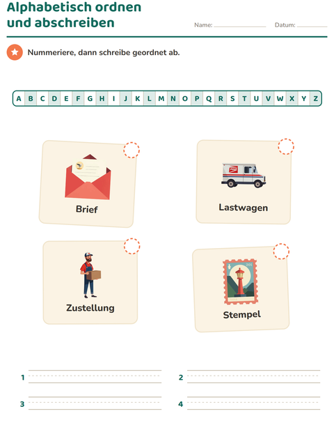 Vorschau: Alphabetisch ordnen-Arbeitsblatt mit Postamt für 1. Klasse