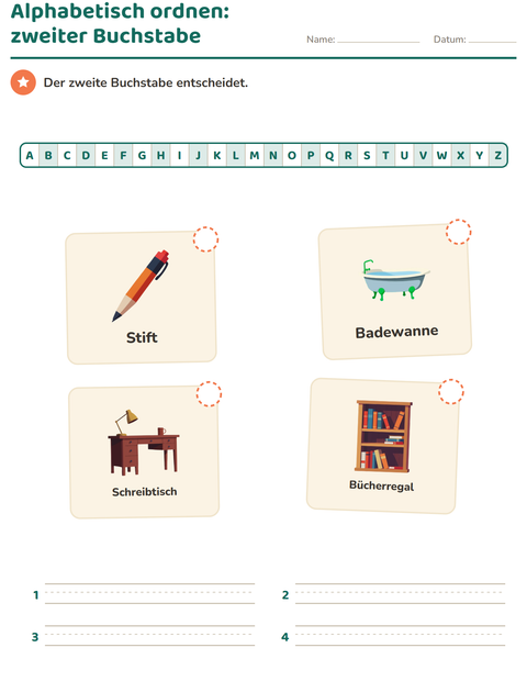 Vorschau: Alphabetisch ordnen-Arbeitsblatt mit Rund ums Haus für 1. Klasse