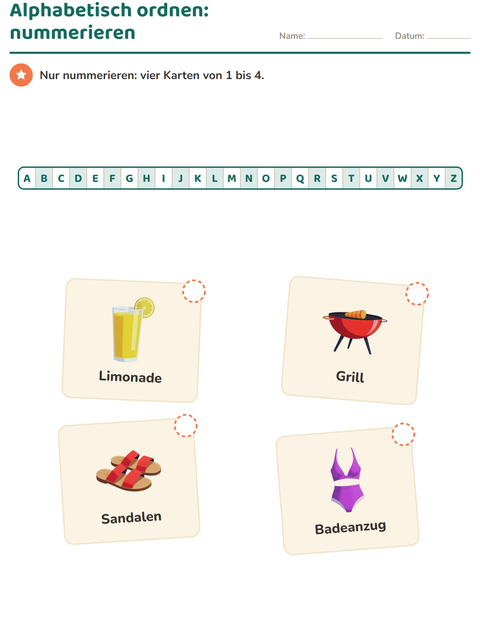 Vorschau: Alphabetisch ordnen-Arbeitsblatt mit Sommer für 1. Klasse