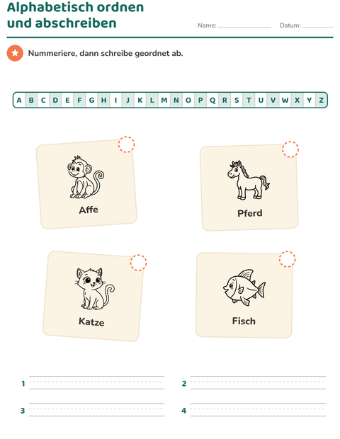 Vorschau: Alphabetisch ordnen-Arbeitsblatt mit Tiere SW 3 für 1. Klasse